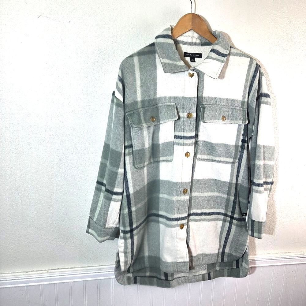 Banana Republic Green Plaid Fleece Shacket Button Up Mens Medium - Picture 2 of 12